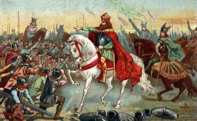 Galliens historia under medeltiden: Germanska saxare som knäböjer inför kung Karl den Store (742 - 814) som vann krigen. Kromolitografi från slutet av 1800-talet.