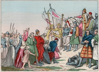 Galliens historia under medeltiden: Germanska saxare knäböjer inför kung Karl den store (742-814), krigens segrare - Gravyr från slutet av 1800-talet i "Våra nationella ärofulla bedrifter - Bilder och berättelser"