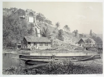 De franska koloniernas historia: utsikt över vattenslottet eller Gueydon-kanalen vid Fort de France på Martinique (Antillerna), slutet av 1800-talets Chartres musee des Beaux Arts