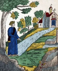 Historien om de fyra sönerna Aymon; Maugis, efter att ha gjort Karl den Store till fånge, gick till ett eremitage för att göra bot där, en bild av en ryggrad från 1800-talet.
