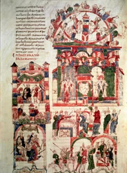 Historia om kung Salomos liv Page i Bibeln från Noailles (eller Bibeln från Sant Pere de Roda eller Saint Pierre de Rodas) 10- eller 1100-talets Paris, B.N.