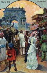 Turismens historia: Västerländska turister på en gata i Lucknow, Indien (västerländska turister på en gata i Lucknow, Indien) Kromolitografi av 1800-talet Privat samling