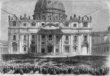 Stilla veckan i Rom: utsikt över Petersplatsen i Rom (Piazza San Pietro) under välsignelsen "urbi et orbi" på heliga torsdagen och påskdagen. Gravyr i "" Le Monde Illustré"" nr 526 av 11 maj 1867.