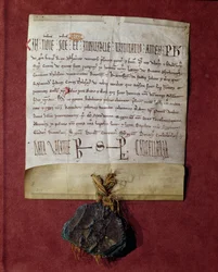 Hyllning till kung Filip II (1165-1223) från Simon de Montfort (ca 1160-1218) för de territorier som konfiskerades från Raymond VI (1197-1249) ca 1216