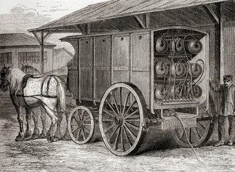 Hästdraget fordon som användes för att transportera komprimerad gas i bärbara behållare på 1800-talet, från Les Merveilles de la Science, publicerad ca 1870 (gravyr)