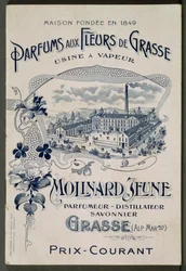 Hus grundat 1849 - Fragrances aux Fleurs de Grasse - Ånganläggning: Molinard Jeune - Reklamkort som presenterar Molinard-fabriken - gravyr från 1900-talet