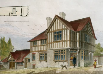 En liten butiksägares hus i London-området, illustration från Le Moniteur des architectes, 1884, graverad av Paul Louis Bury (1800-talet) (färggravyr)
