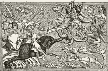 Hur Alexander bekämpade drakarna och en djurart som heter Scorpion, från "Science and Literature in the Middle Ages" av Paul Lacroix (1806-84) publicerad i London 1878