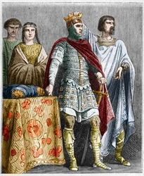 Hugues den store (897-956) kröner Raoul eller Rodolphe av Bourgogne (cirka 890 - 936), hertig av Bourgogne och kung av Frankrike. Gravyr i "" Histoire De France En Cent-målningar av Paul Lehugeur "" 1891