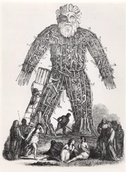 Människooffer av galliska druider i en flätad människa, ur Magasin Pittoresque, 1833