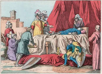 Hundraåriga krig: "" Bernard du Guesclins (1320-1380) död framför Chateauneuf de Randon den 13/07/1380"" - Duguesclins död (under belägringen av Chateauneuf-de-Randon den 13 juli 1380) ) - Gravyr från slutet av 1800-talet i "" Nos Gires