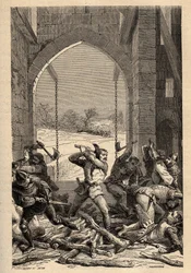 Hundraåriga krig: "" La prize du Chateau de Grand Fougeray av Bertrand Du Guesclin (1320-1380) en 1356, Grand-Fougeray, Ille et Vilaine "(år 1356 under belägringen av Rennes av engelsmännen som en del av de hundra åren var bertrand duguesclin utklädd