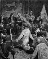 Hundraåriga krig. Borgerskapet i Calais: förtäring av Eustache av St. Peter och hans följeslagare till kung Edward III av England ber om deras nåd, med stöd av drottning Philippa av Hainaut (1311-1369).