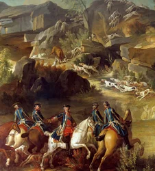 Jaktscenen sprang. Ryttarna är på väg mot doven som hundarna grep. Detalj av en anonym 1700-talsmålning. Gien, Jaktmuseum