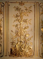 Jaktscen, träpanel ursprungligen från matsalen på Hotel des Etats du Languedoc (förgyllt trä)