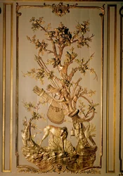 Jaktscen, träpanel ursprungligen från matsalen på Hotel des Etats du Languedoc (förgyllt trä)
