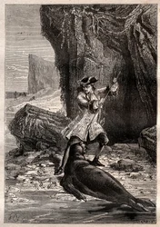 Jag stoppade min spade i hans bröst: Woodes Rogers (1679-1732) attackerad av en marinhund (säl) på en av Galapagosöarna i Stilla havet 1709 - illustrationen hämtad från "The Great Mariners of the 18th century"