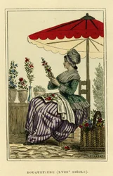 Dräkt av stenbock från 1700-talet. Färggravyr, i "France et les francais a travers les centuries" av Augustin Challamel, F.Roy editor, Paris 1882. Selva-samlingen.
