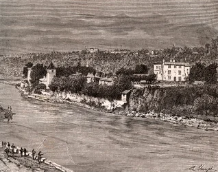 Ile Barbe mitt i Saone, i 9:e arrondissementet i Lyon - gravyr i "La France illustree: geografi, historia, statistisk administration"" av V.-A. Malt-brunt. 1884