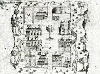 Ile Ste. Croix, den tidigaste franska bosättningen i Acadia, 1604, från Voyages av Samuel de Champlain (c.1580-1635), 1613