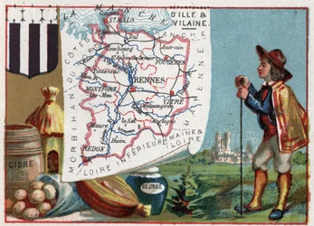 Ille-et-Vilaine (Ille et Vilaine, 35), Bretagne, Frankrike. Cider och smör. Serie om de franska departementen. Kromolitografi (Chromo) "" den geografiska tråden"", ca 1920. Privat samling.