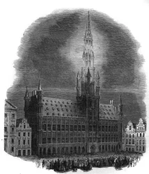 Illumination av Bryssels stadshus den 26 september 1864 med anledning av årsdagen av striderna som befriade Belgien från nederländskt herravälde. Efter en skiss av M.D.A. Gravyr i ”Det illustrerade universum”.