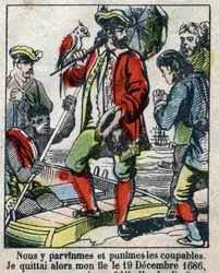 Illustration för Daniel Defoes bok (De foe) "" Robinson Crusoe"". Epinal avbildning från slutet av 1800-talet.