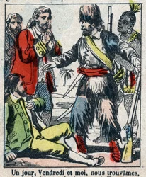 Illustration för Daniel Defoes bok (De foe) "" Robinson Crusoe"". Epinal avbildning från slutet av 1800-talet.