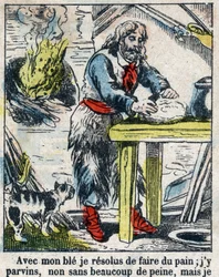 Illustration för Daniel Defoes bok (De foe) "" Robinson Crusoe"". Epinal avbildning från slutet av 1800-talet.