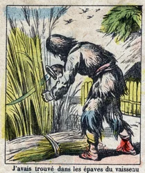 Illustration för Daniel Defoes bok (De foe) "" Robinson Crusoe"". Epinal avbildning från slutet av 1800-talet.