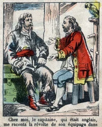 Illustration för Daniel Defoes bok (De foe) "" Robinson Crusoe"". Epinal avbildning från slutet av 1800-talet.