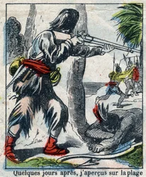 Illustration för Daniel Defoes bok (De foe) "" Robinson Crusoe"". Epinal avbildning från slutet av 1800-talet.