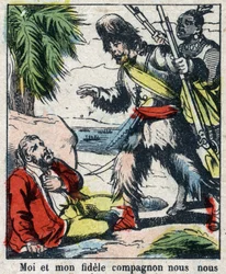Illustration för Daniel Defoes bok (De foe) "" Robinson Crusoe"". Epinal avbildning från slutet av 1800-talet.