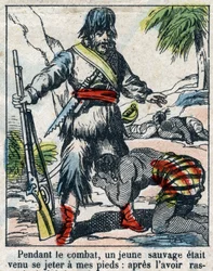 Illustration för Daniel Defoes bok (De foe) "" Robinson Crusoe"". Epinal avbildning från slutet av 1800-talet.