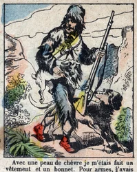 Illustration för Daniel Defoes bok (De foe) "" Robinson Crusoe"". Epinal avbildning från slutet av 1800-talet.