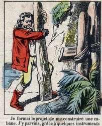 Illustration för Daniel Defoes bok (De foe) "" Robinson Crusoe"". Epinal avbildning från slutet av 1800-talet.