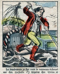 Illustration för Daniel Defoes bok (De foe) "" Robinson Crusoe"". Epinal avbildning från slutet av 1800-talet.