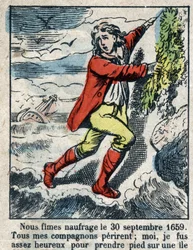 Illustration för Daniel Defoes bok (De foe) "" Robinson Crusoe"". Epinal avbildning från slutet av 1800-talet.