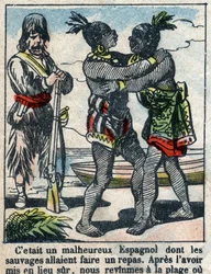 Illustration för Daniel Defoes bok (De foe) "" Robinson Crusoe"". Epinal avbildning från slutet av 1800-talet.