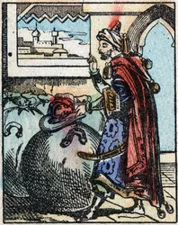 Illustration till sagorna om tusen och en natt. Ali-Baba (Ali Baba).Trästick från Imaging Pellerin - Epinal, sd. Sent 1800-tal.