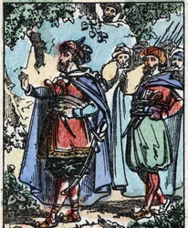 Illustration till sagorna om tusen och en natt. Ali-Baba (Ali Baba).Trästick från Imaging Pellerin - Epinal, sd. Sent 1800-tal.
