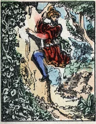 Illustration till sagorna om tusen och en natt. Ali-Baba (Ali Baba).Trästick från Imaging Pellerin - Epinal, sd. Sent 1800-tal.