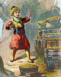 Illustration till sagorna om tusen och en natt. Ali Baba (Ali-Baba) går in i klippan och säger: Sesam öppnar dig och ser guldtunnor. Kromolitografi omkring 1890.