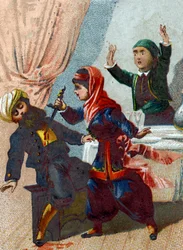 Illustration till sagorna om tusen och en natt. Kaptenen klär ut sig igen och återvänder till Ali Baba (Ali baba), men Morgiane känner igen honom och sticker honom under en dans. Kromolitografi omkring 1890.