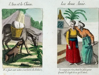 Illustration till fablerna av Jean de la Fontaine (1621-1695): vänster "" Åsnan och hunden""" till höger "" Les deux amis""" Gravyr från 1800-talet. Musée La Fontaine, Chateau Thierry