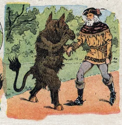 Illustration för berättelsen "Skönheten och beten"": Beten frågar handlaren och plockar bara en ros, hans eller en av hans döttrars liv. Gravyr av Quinn-bilder, cirka 1890.