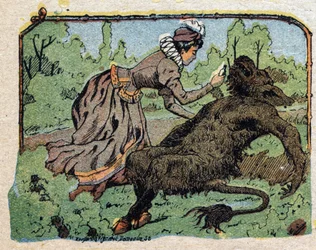 Illustration till berättelsen "Beauty and the Bete"": den vackra återupplivade bete svimmade av smärta när hon vägrade att föreslå äktenskap. Gravyr av Quinn-bilder, cirka 1890.