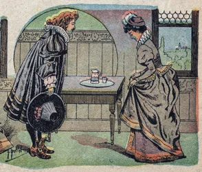 Illustration för berättelsen "Skönheten och beten"": beten blev en vackrare prins. Gravyr av Quinn-bilder, cirka 1890.
