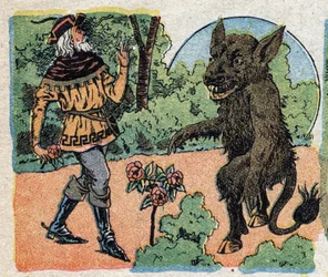 Illustration till berättelsen "Beauty and the Bete"": köpmannen skär en ros i Betes trädgård för att föra tillbaka till sin dotter Belle. Gravyr av Quinn-bilder, cirka 1890.