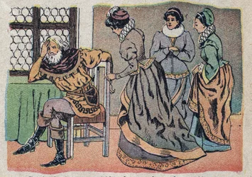 Illustration till berättelsen "Beauty and the Bete"": köpmannen förlorad i smärta. Gravyr av Quinn-bilder, cirka 1890.